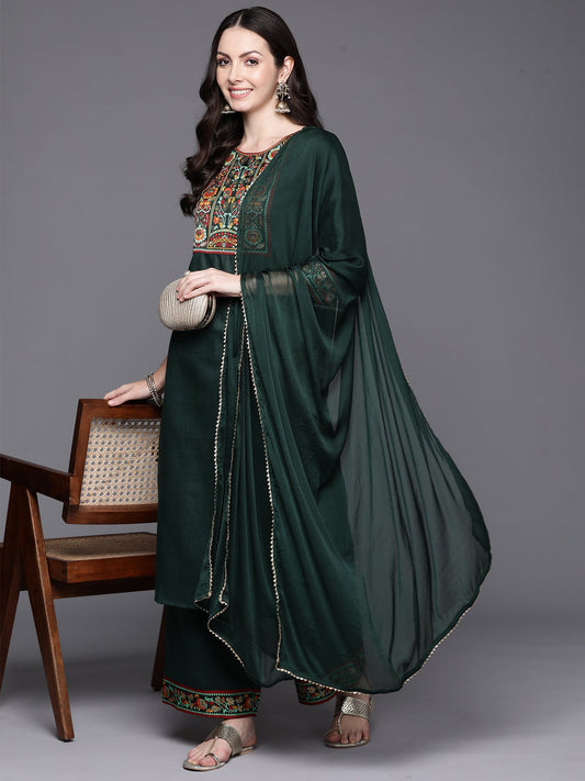 Women Green Yoke Design Straight Kurta Palazzos With Dupatta Set