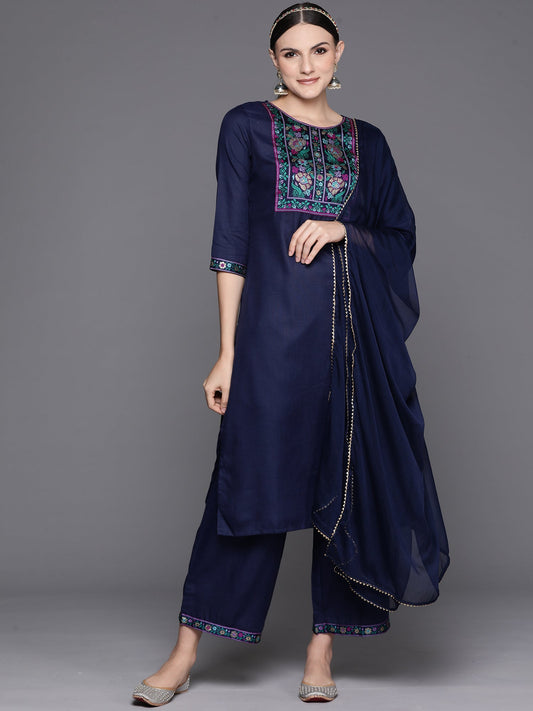 Women Navy Blue Yoke Design Straight Kurta Palazzos With Dupatta Set