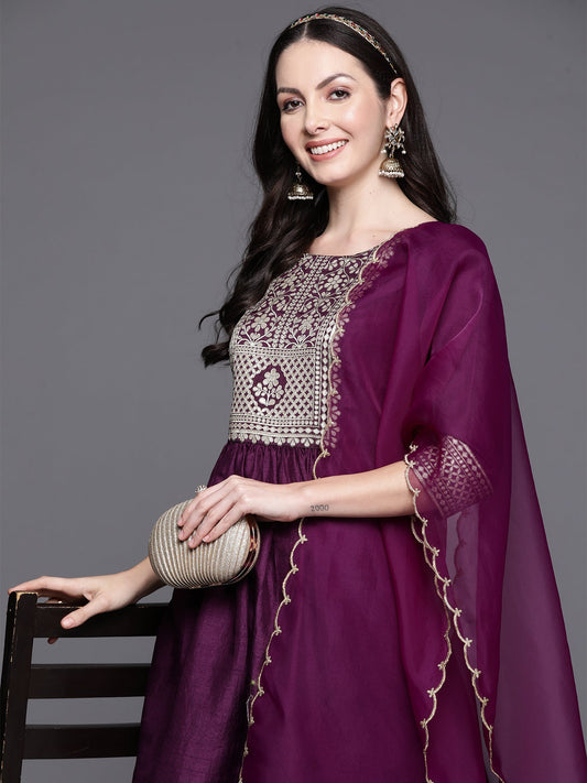 Women Purple Yoke Design A-Line Kurta Sharara With Dupatta Set