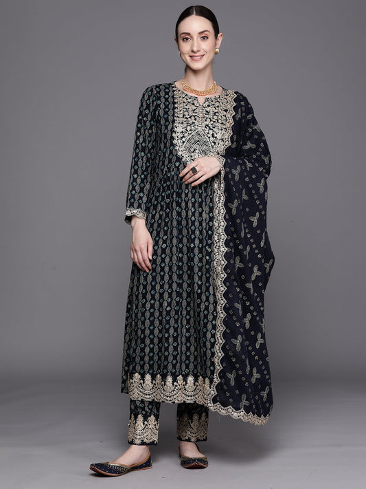 Women Blue Printed Straight Kurta Trousers With Dupatta Set