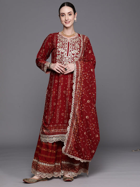 Women Maroon Printed Straight Kurta Sharara With Dupatta Set