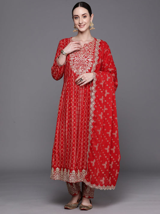 Women Red Printed Straight Kurta Trousers With Dupatta Set