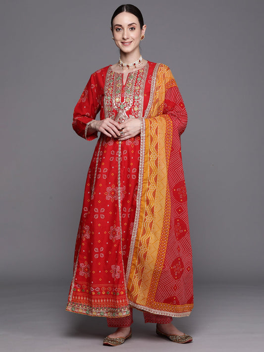 Women Red Printed Anarkali Kurta Trousers With Dupatta Set