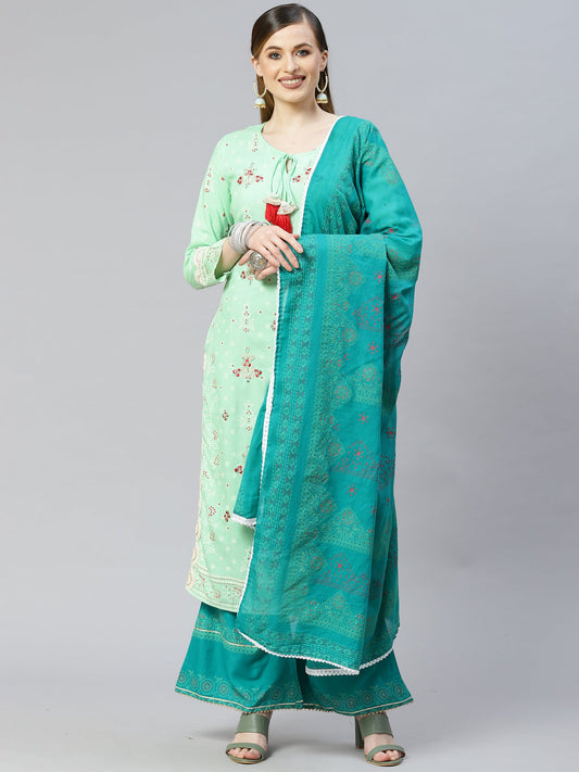 Women Sea Green Foil Printed Straight Kurta Palazzo With Dupatta Set