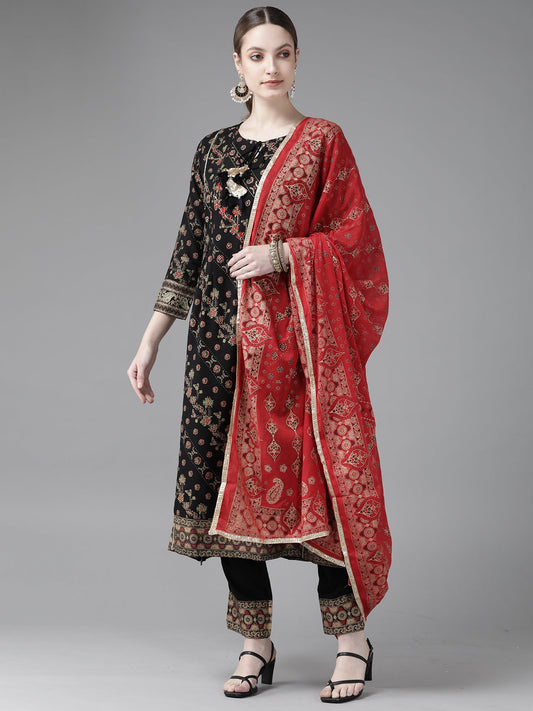 Women Black Printed A-Line Kurta Trouser With Dupatta Set