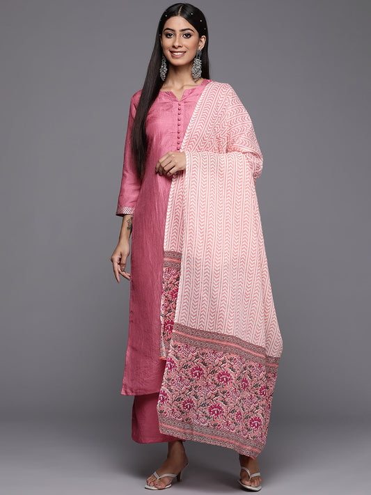 Women Pink Solid Straight Kurta Palazzo With Dupatta Set