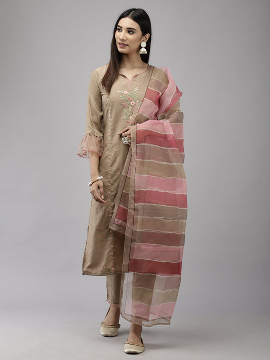 Women Beige Embroidered Straight Kurta Trouser With Dupatta Set