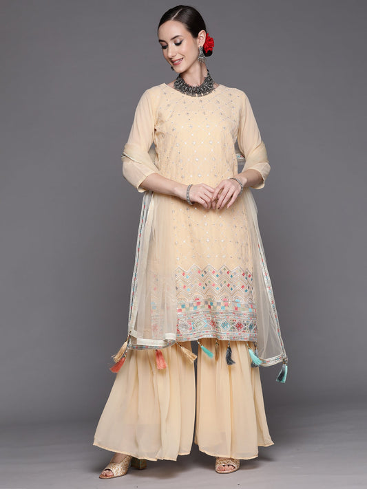 Women Beige Embroidered Straight Kurta Sharara With Dupatta Set