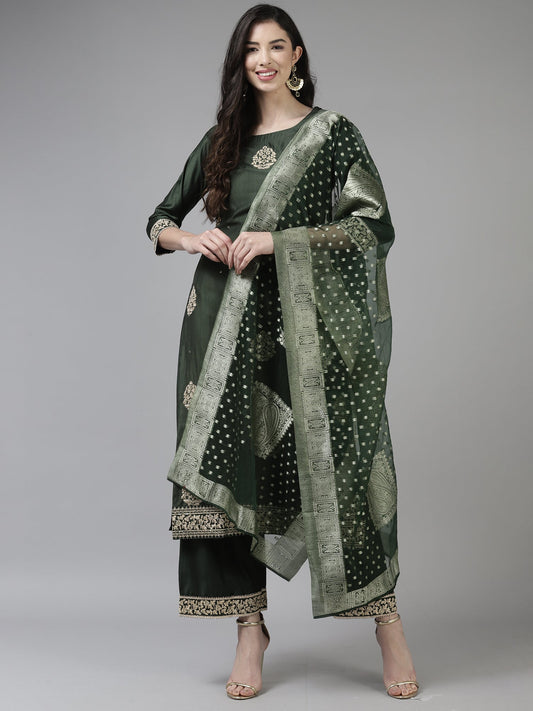 Women Bottle Green Floral Embroidered Straight Kurta Palazzo Dupatta Set