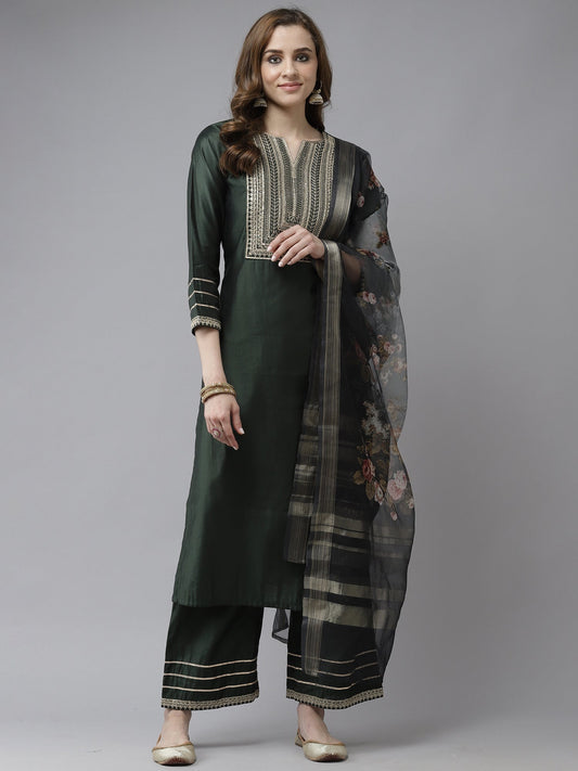 Women Bottle Green Embroidered Straight Kurta Trouser With Dupatta Set