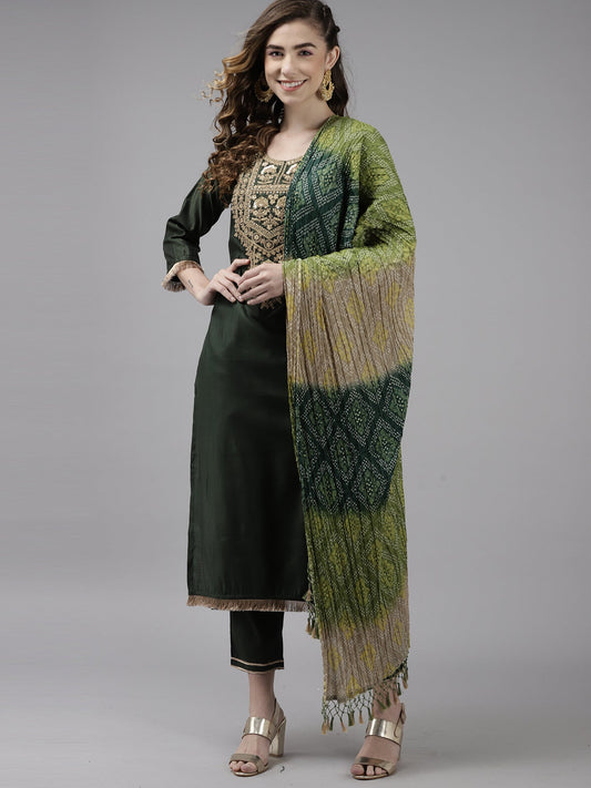 Women Green Embroidered Straight Kurta Trouser With Dupatta Set