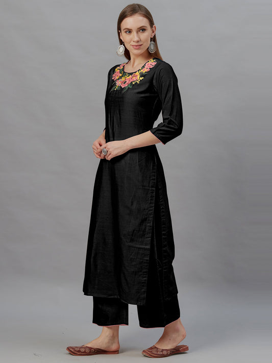 Women Black Embroidered Straight Kurta Palazzo With Dupatta Set