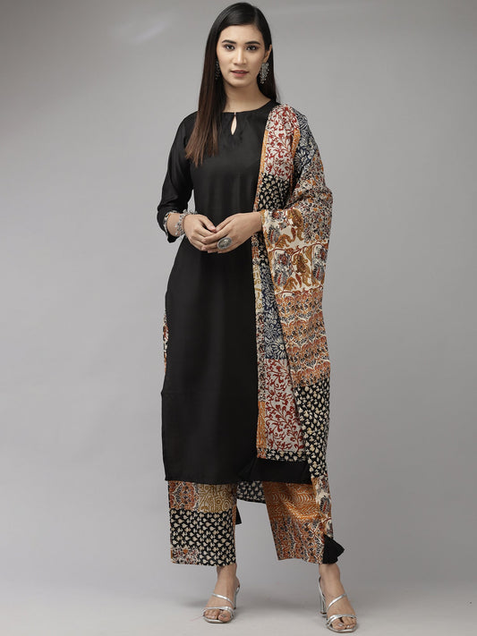 Women Black Solid Straight Kurta Palazzo With Dupatta Set