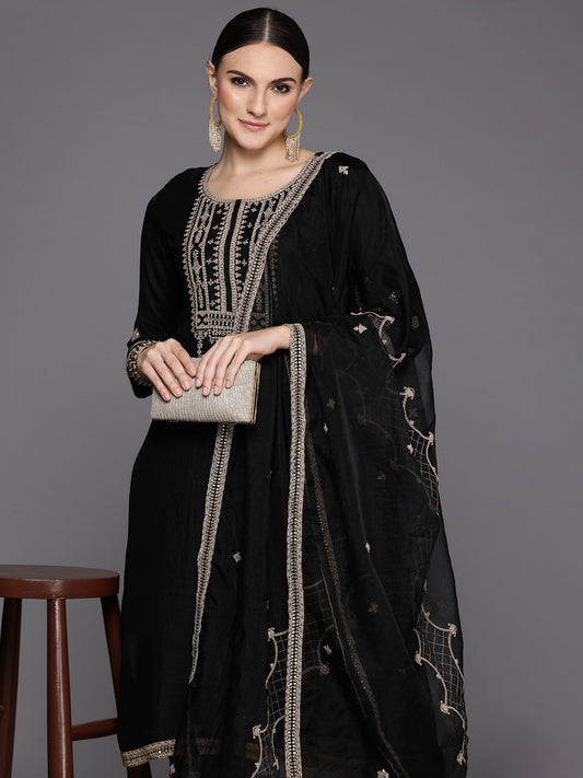 Women Black Embroidered Straight Kurta Trousers With Dupatta Set