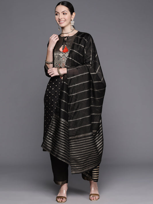 Women Black Embroidered Straight Kurta Trousers With Dupatta Set