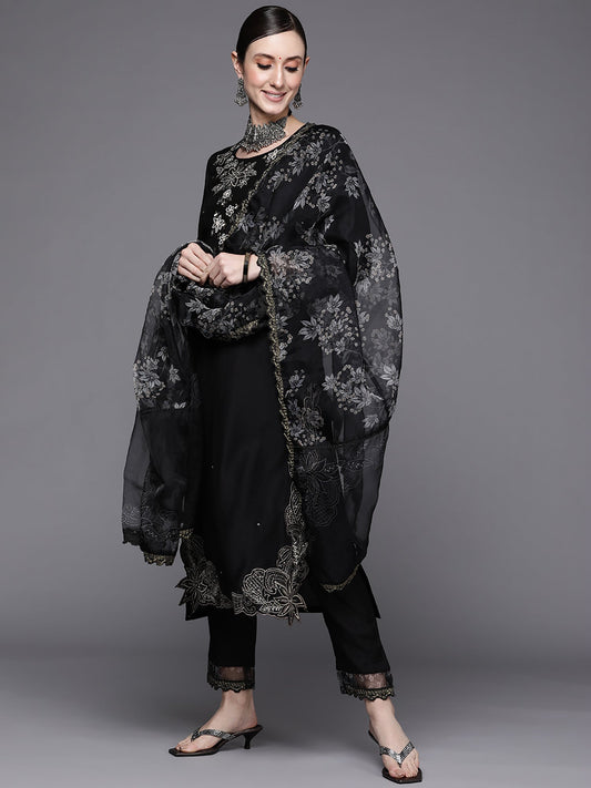 Women Black Embroidered Straight Kurta Trousers With Dupatta Set