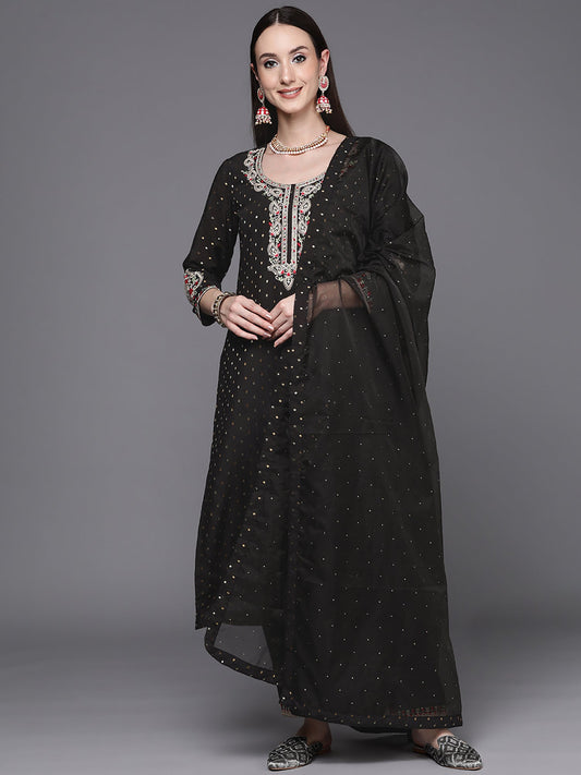 Women Black Embroidered Straight Kurta Trousers With Dupatta Set