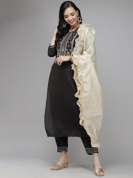 Women Black Embroidered  Kurta Trouser With Dupatta Set