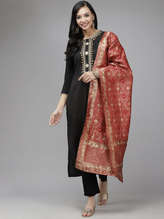 Women Black Embroidered Straight Kurta Trouser With Dupatta Set