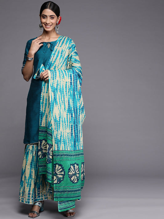 Women Blue Tie & Dye Straight Kurta Sharara With Dupatta Set