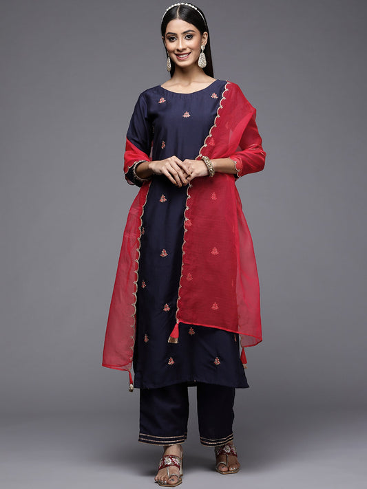 Women Blue Embroidered Straight Kurta Palazzos With Dupatta Set