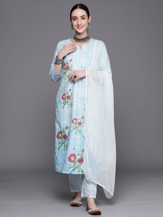 Women Blue Embroidered Straight Kurta Trousers With Dupatta Set