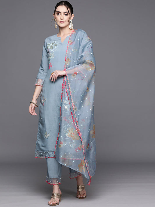 Women Blue Embroidered Straight Kurta Trousers With Dupatta Set