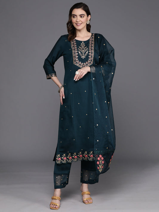 Women Blue Embroidered Straight Kurta Trousers With Dupatta Set