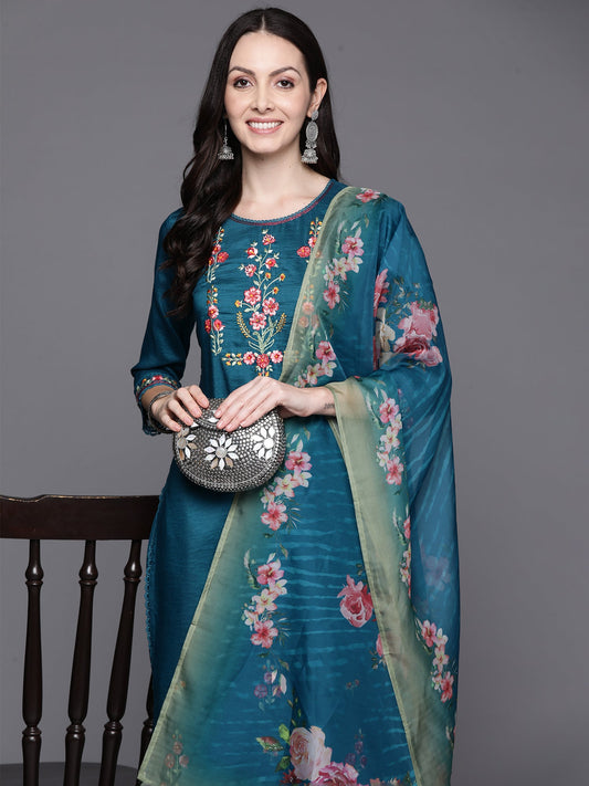 Women Blue Embroidered Straight Kurta Trousers With Dupatta Set