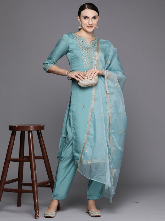 Women Blue Embroidered Straight Kurta Trousers With Dupatta Set