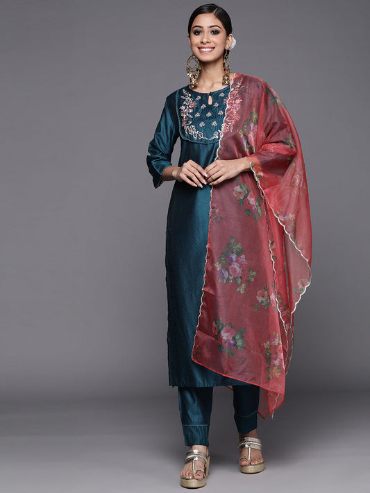 Women Blue Embroidered Straight Kurta Trousers With Dupatta Set