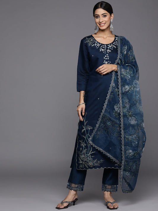 Women Blue Embroidered Straight Kurta Trousers With Dupatta Set