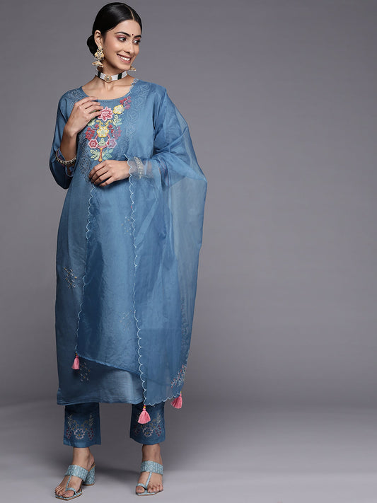 Women Blue Embroidered Straight Kurta Trousers With Dupatta Set