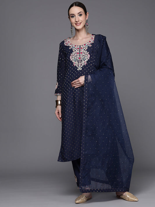 Women Blue Embroidered Straight Kurta Trousers With Dupatta Set