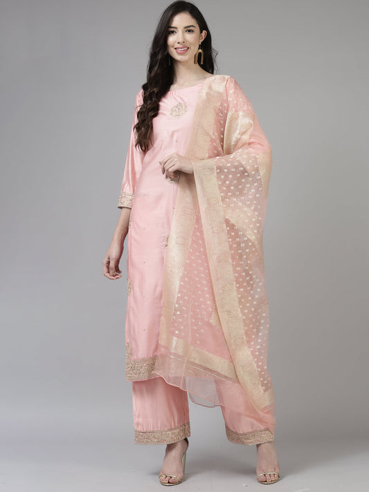 Women Baby Pink Floral Embroidered Straight Kurta Palazzo Dupatta Set