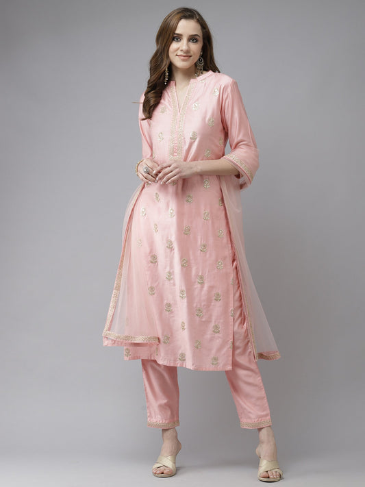 Women Baby Pink Embroidered Straight Kurta Trouser With Dupatta Set