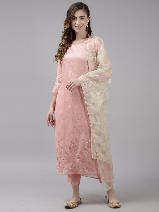 Women Pink Embroidered Straight Kurta Palazzo With Dupatta Set