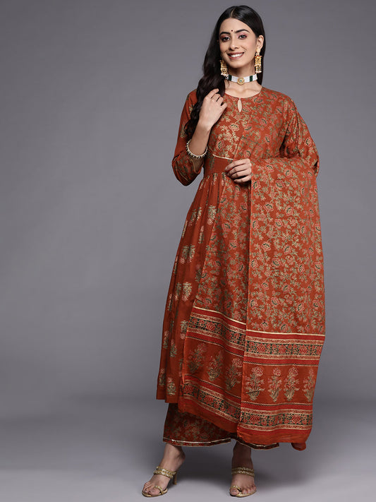 Women Brown Solid A-Line Kurta Trouser With Dupatta Set