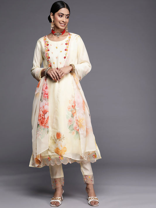 Women Cream Embroidered A-Line Kurta Trousers With Dupatta Set