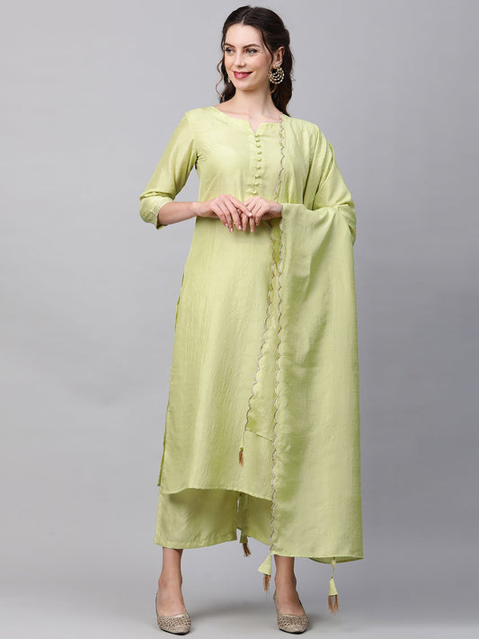 Women Green Solid Straight Kurta Palazzo With Dupatta Set