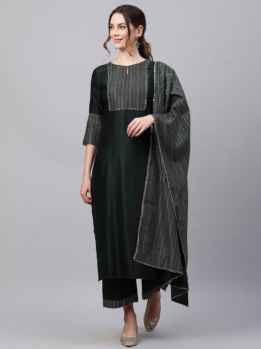 Women Green Solid Straight Kurta Trouser With Dupatta Sets