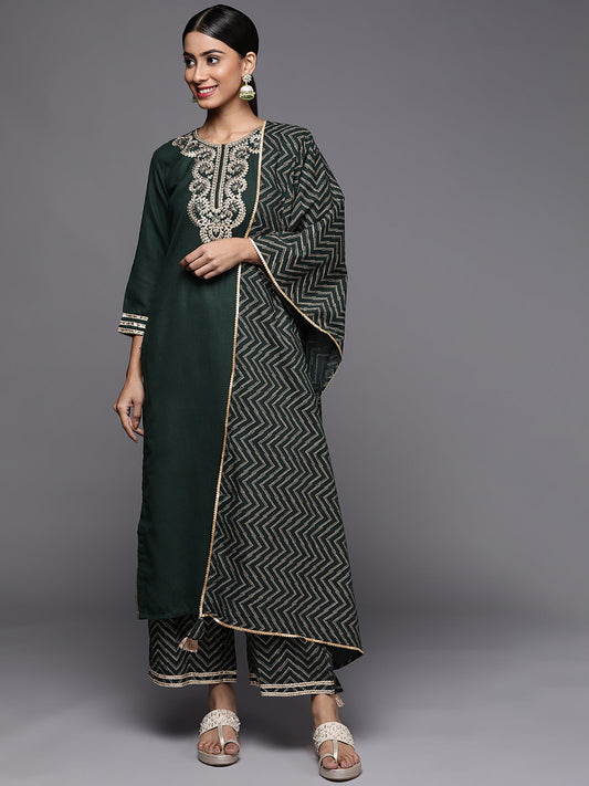 Women Green Embroidered Straight Kurta Palazzo With Dupatta Set