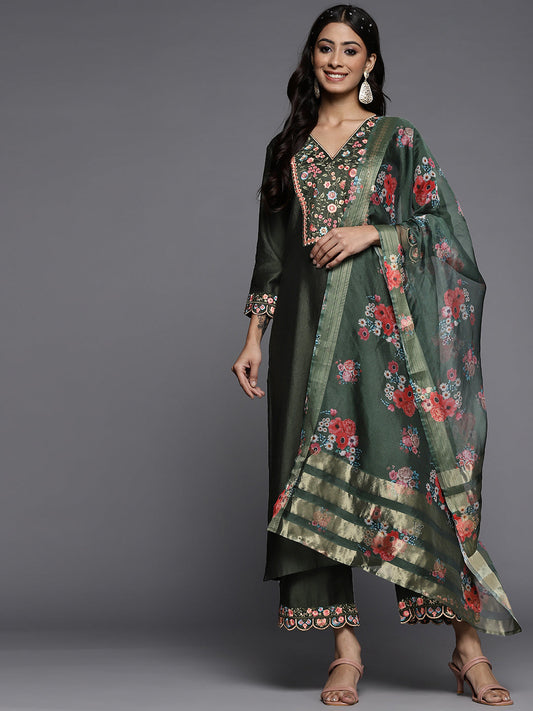 Women Green Embroidered Straight Kurta Palazzos With Dupatta Set