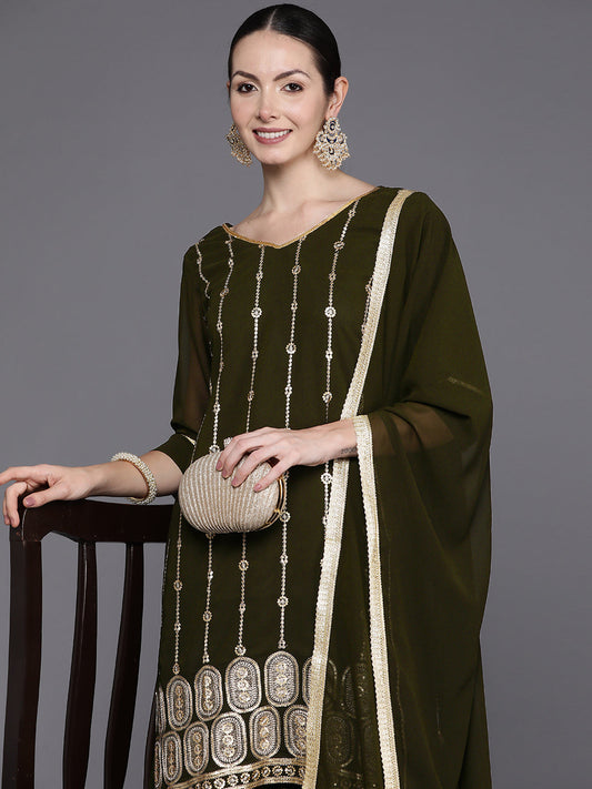 Women Green Embroidered Straight Kurta Sharara With Dupatta Set