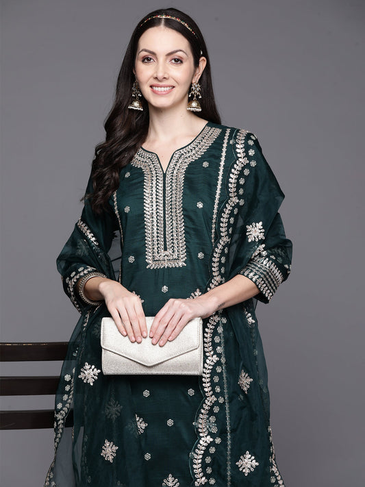 Women Green Embroidered Straight Kurta Trousers With Dupatta Set