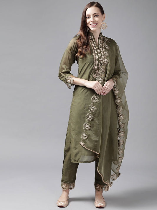 Women Green Blue Embroidered Straight Kurta Trouser With Dupatta Set