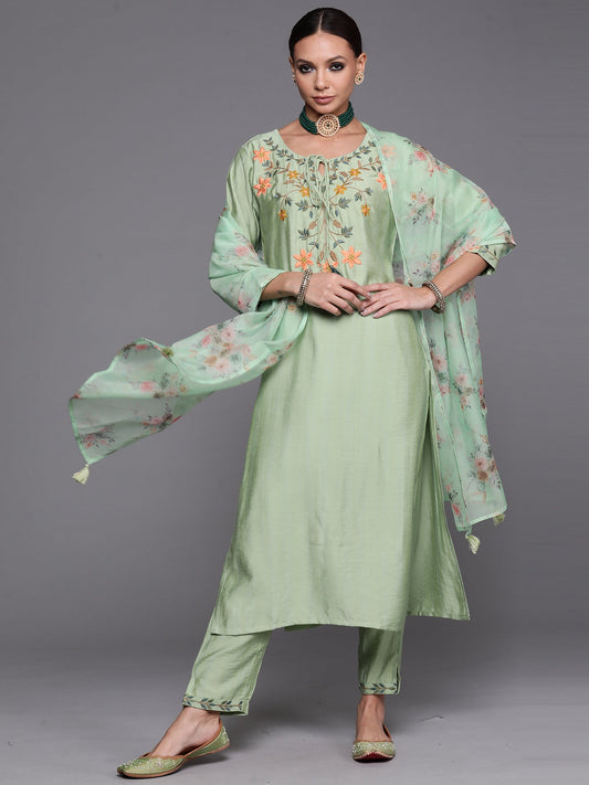 Women Green Floral Embroidered Straight Kurta Trouser With Dupatta Set