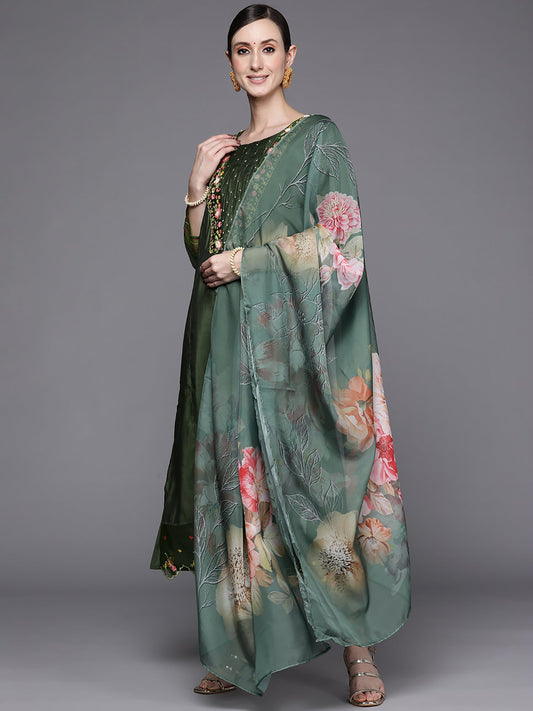 Women Green Embroidered A-Line Kurta Trousers With Dupatta Set