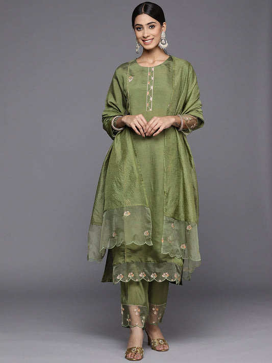 Women Green Embroidered Straight Kurta Trousers With Dupatta Set