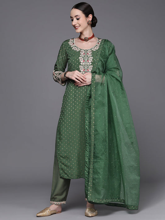 Women Green Embroidered Straight Kurta Trousers With Dupatta Set